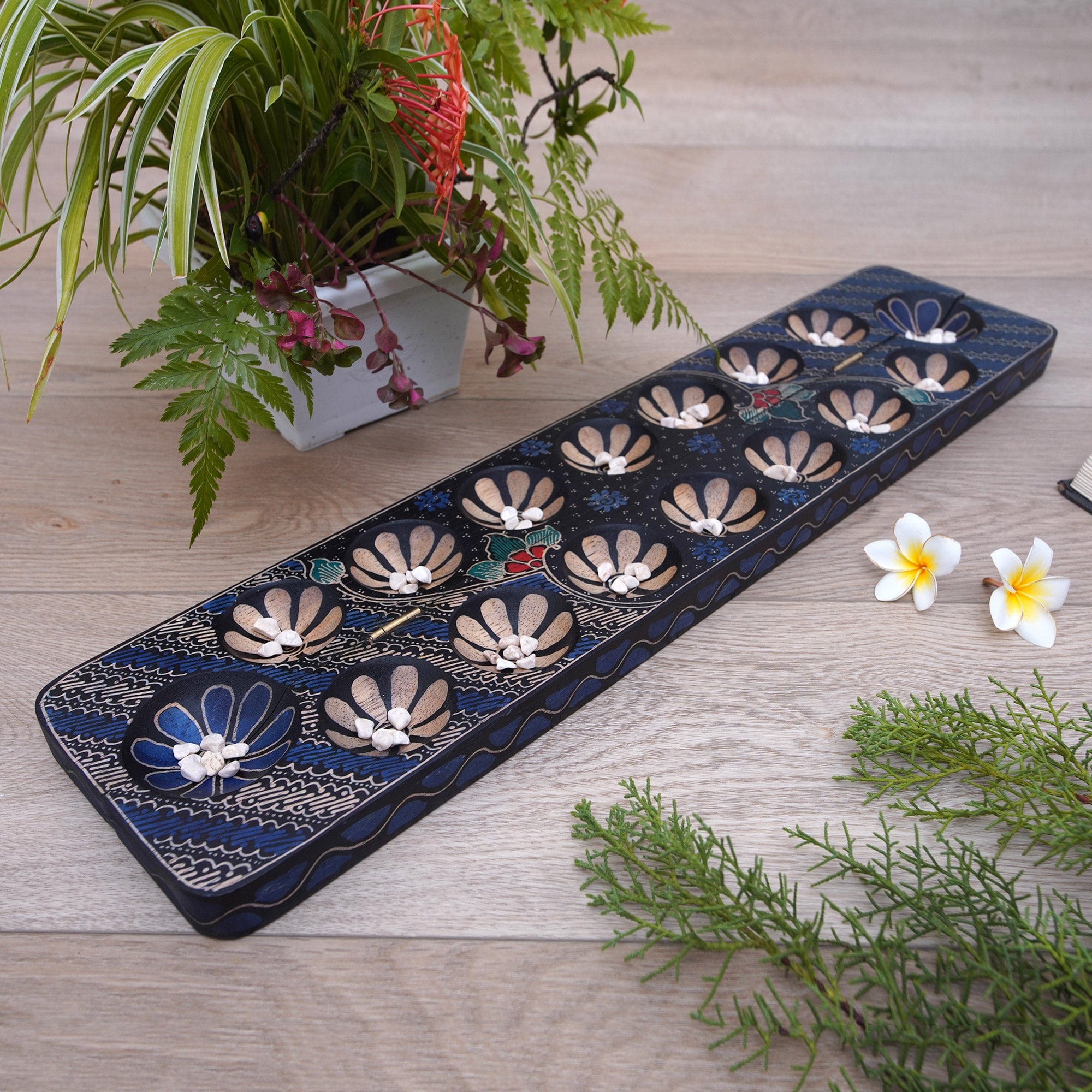 Artisan Crafted Handmade Albesia Wood Foldable Mancala Board - Brilliant Blue