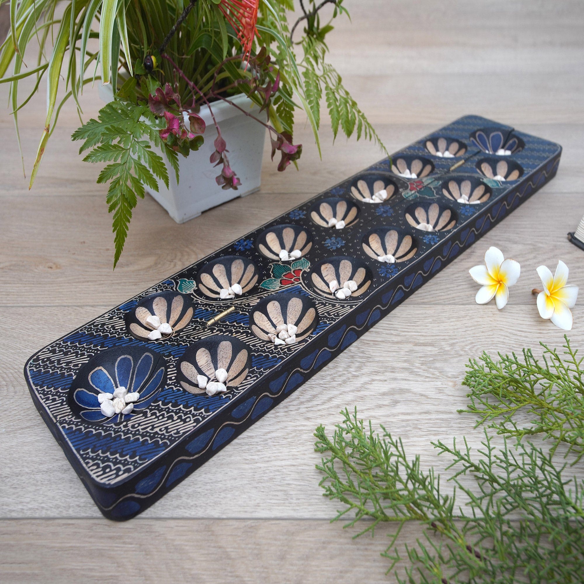 Artisan Crafted Handmade Albesia Wood Foldable Mancala Board - Brilliant Blue