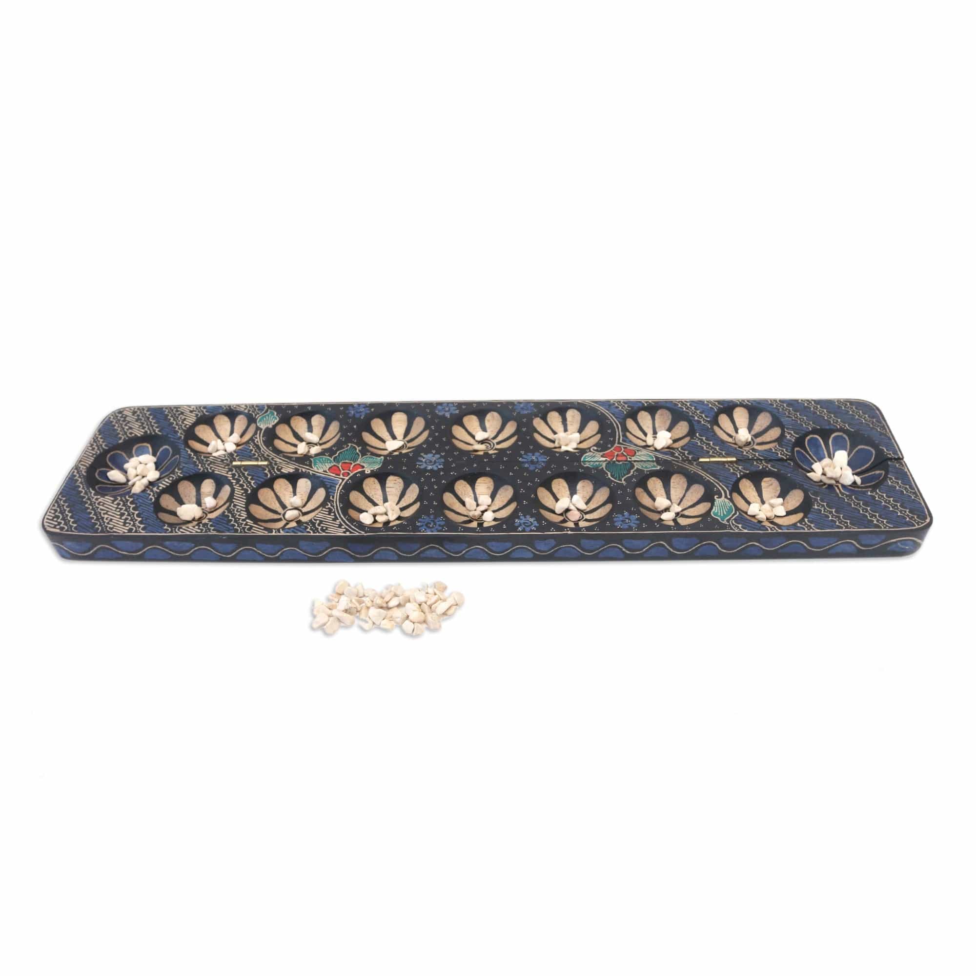 Artisan Crafted Handmade Albesia Wood Foldable Mancala Board - Brilliant Blue